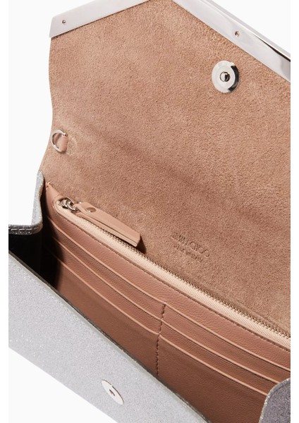 Jımmy Choo Emmie Clutch Çanta, Ince Simli Deri, Gümüş Renk Lüks Gece Tasarımı fırsatları