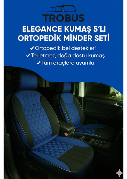 Dacia Dokker 2012 ve Sonrası Trobus Elegance Ortopedik Araç Koltuk Minderi 5'li Set, Hava Yastığı Uyumlu Mavi Siyah