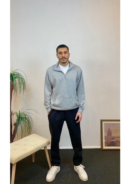 Erkek 3 Iplik Yarım Fermuarlı Kanguru Çepli Sweatshırt SPR24SW22