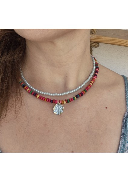 Renkli Ahşap Boncuklu Kolye Seti 2li Kolye