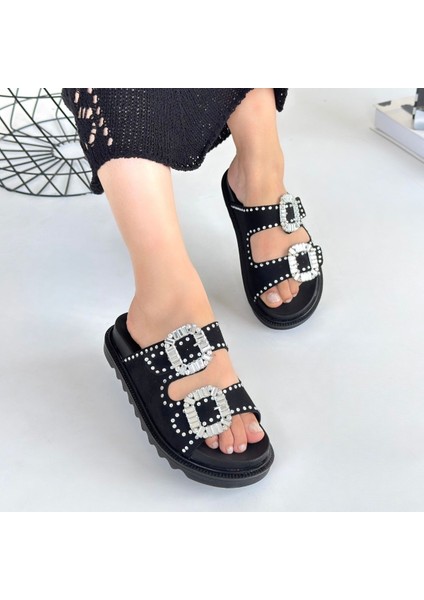 Juana Siyah Nubuk Taşlı Terlik - Lisinya indirimleri