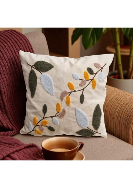 Dekoratif Dizayn Pamuklu Çiçek Detaylı Nakışlı Panç Kırlent Kılıfı (Punch)