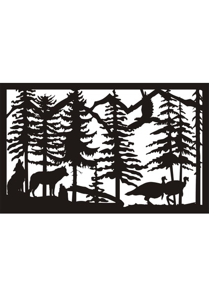 Kurtlar Hindiler ve Orman Temalı Duvar Dekor Sticker 40 x 24 cm