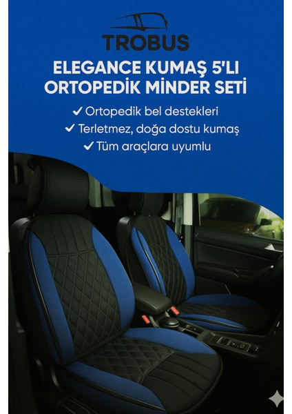 Bmw 7 Serisi E38 1994-2002 - Short Trobus Elegance Ortopedik Araç Koltuk Minderi 5'li Set, Hava Yastığı Uyumlu Siyah Mavi