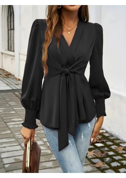 Kadın Uzun Kollu Kruvaze Yakalı Önden Bağlamalı Ithal Krep Bluz fiyatları