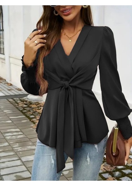 Kadın Uzun Kollu Kruvaze Yakalı Önden Bağlamalı Ithal Krep Bluz modelleri