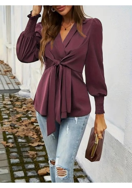 Eyesof Kadın Uzun Kollu Kruvaze Yakalı Önden Bağlamalı Ithal Krep Bluz fırsatları