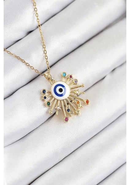 316L Çelik Zirkon Taşlı Nazar Model Gold Renk Kadın Kolye - TJ-BKO10544
