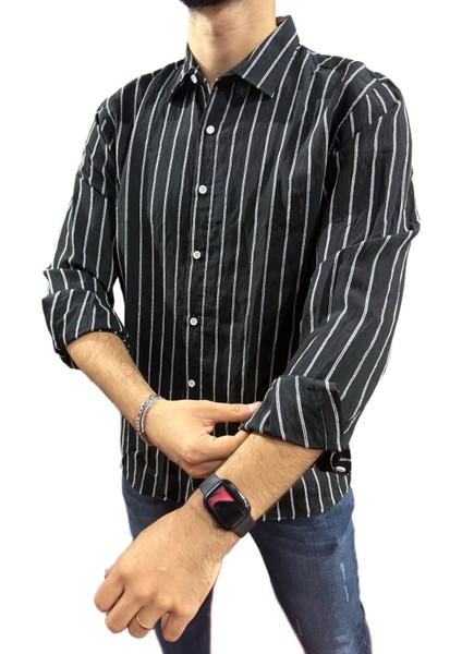 Çizgili Keten Spor Gömlek Siyah