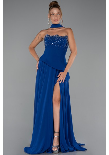 Taşlı Straplez Yırtmaçlı Şallı Uzun Şifon Abiye ABU5280