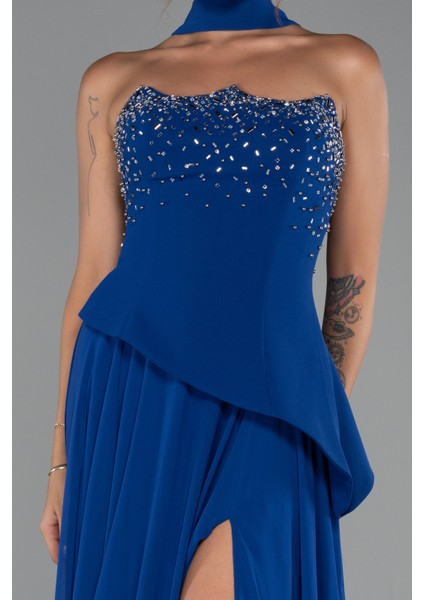 Taşlı Straplez Yırtmaçlı Şallı Uzun Şifon Abiye ABU5280 modelleri