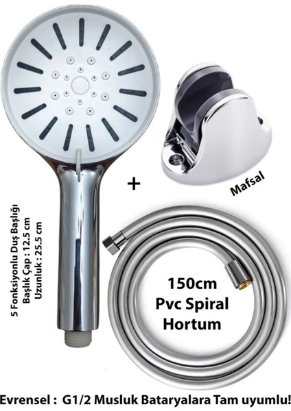 Güneş 5 Fonksiyonlu Duş Başlığı ve 150CM Güçlü Hortum Seti, Gri