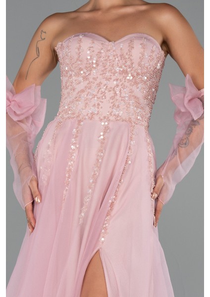 Taşlı Straplez Eldivenli Yırtmaçlı Uzun Abiye ABU5291 modelleri