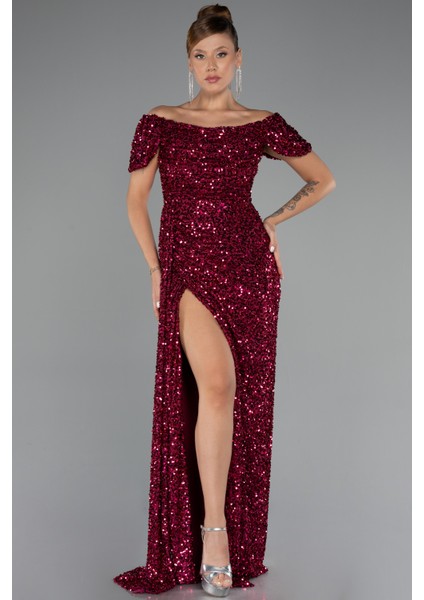 Kayık Yaka Bacak Dekolteli Uzun Pullu Abiye Elbise ABU4843