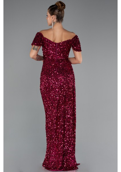 Kayık Yaka Bacak Dekolteli Uzun Pullu Abiye Elbise ABU4843 fiyatları