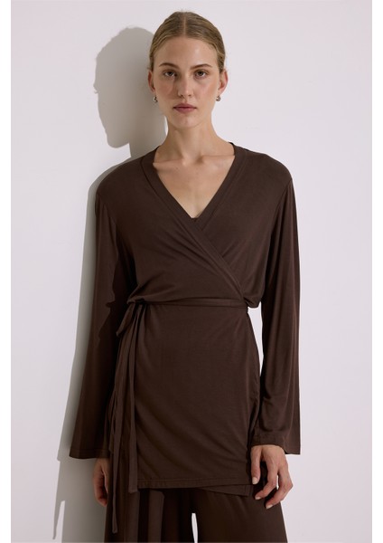 Bağlamalı Dökümlü Kimono Kahverengi