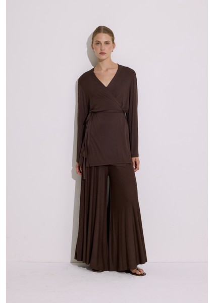 Bağlamalı Dökümlü Kimono Kahverengi modelleri