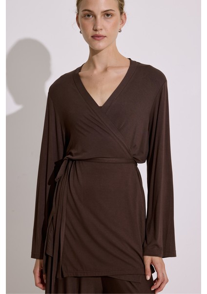 Bağlamalı Dökümlü Kimono Kahverengi fırsatları