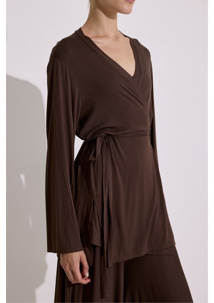 Bağlamalı Dökümlü Kimono Kahverengi indirimleri