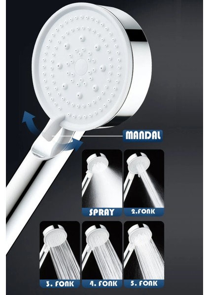 5 Fonksiyonlu Beyaz Duş Başlığı Seti, Hortum, Askı, Mafsal ile Tam Takım