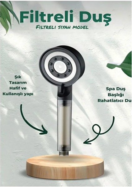 Siyah 5 Fonksiyonlu Çelik Turbo Jet Duş Başlığı, Su Tasarruflu ve Filtreli