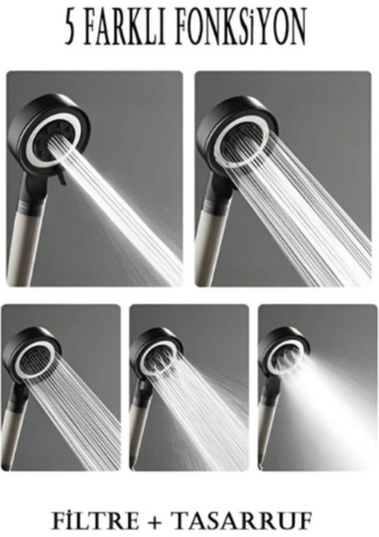 Siyah 5 Fonksiyonlu Çelik Turbo Jet Duş Başlığı, Su Tasarruflu ve Filtreli modelleri