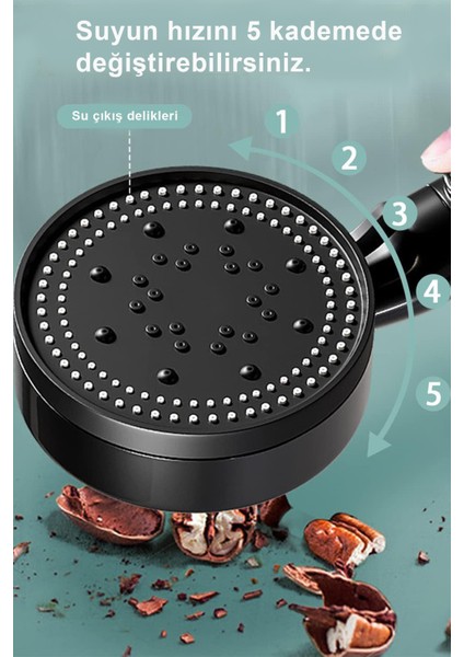 5 Fonksiyonlu Siyah Duş Başlığı Seti, 150 cm Hortum ve Askı Aparatı ile indirimleri