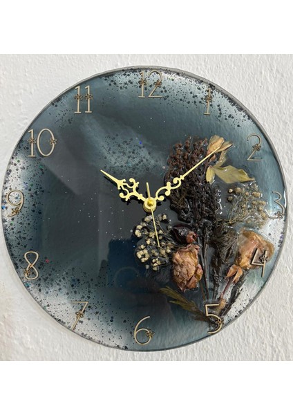 - Kuru Gül ve Doğal Çiçekli - Siyah - Epoksi Duvar Saati (Özel Tasarım - Tek Üretim) - 30 cm