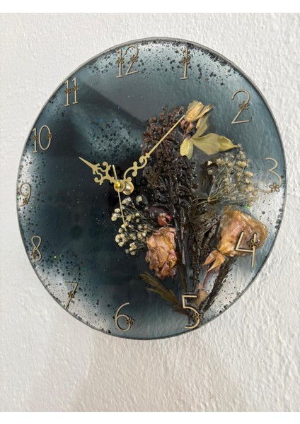 - Kuru Gül ve Doğal Çiçekli - Siyah - Epoksi Duvar Saati (Özel Tasarım - Tek Üretim) - 30 cm fırsatları