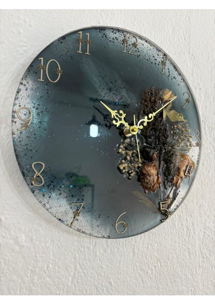 - Kuru Gül ve Doğal Çiçekli - Siyah - Epoksi Duvar Saati (Özel Tasarım - Tek Üretim) - 30 cm indirimleri