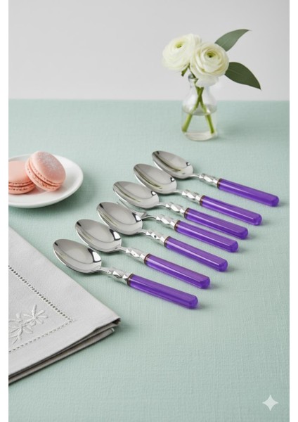 6 Lı Paslanmaz Çelik Mor Tatlı Kaşığı Seti