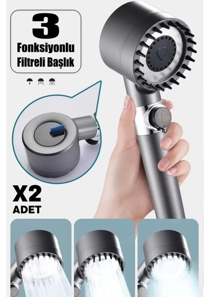 2'li Çok Fonksiyonlu Siyah Duş Başlığı, Filtreli, Yüksek Basınçlı, Kireç Önleyici