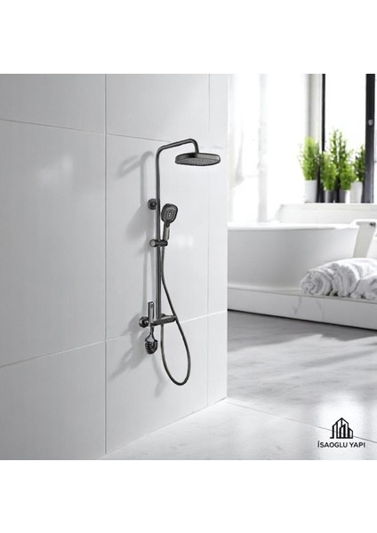 Antrasit Gri Modern Duş Seti, Başlık ve Batarya Dahil, Şık Tasarım