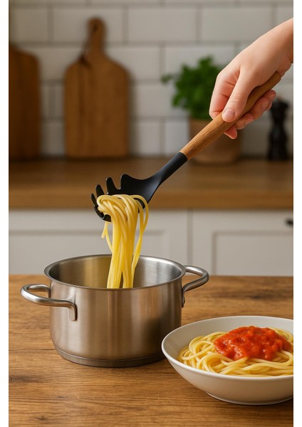 Bambu Saplı Silikon Spagetti Makarna Servis Kaşığı Siyah