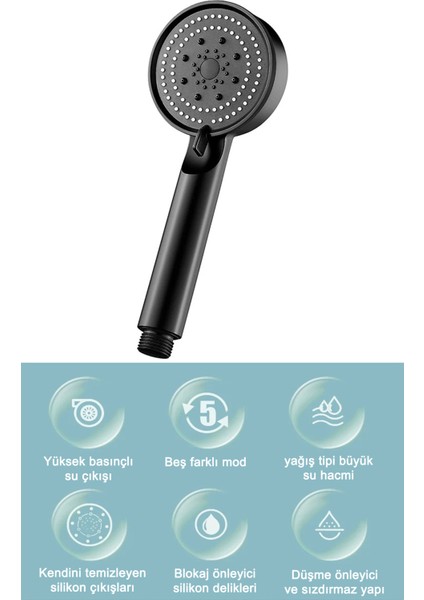 5 Fonksiyonlu Sağlam Siyah Mat Duş Başlığı, Su Tasarruflu ve Dayanıklı Tasarım