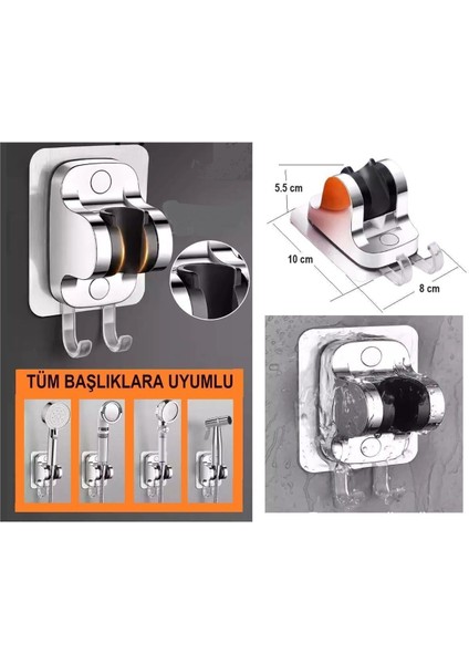 Krom Yapışkanlı Duş Başlığı ve Lif Askısı Seti, Vidasız Montaj, Beyaz