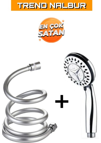 Krom 3 Fonksiyonlu Duş Başlığı ve Gümüş Pvc Banyo Hortumu 1,5 Metre