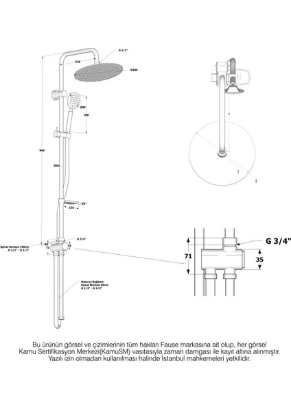 Kolonlu Tepe Duş Seti, Slim Çelik Başlık, Gümüş Renk, KDS105 indirimleri