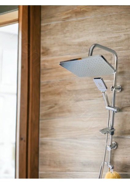 Kare Krom Lüx Çelik Spiralli Duş Başlığı ve Banyo Seti