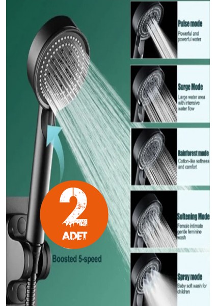 Iki Parçalı 5 Kademeli Masajlı Modern Tasarımlı Duş Başlığı Siyah
