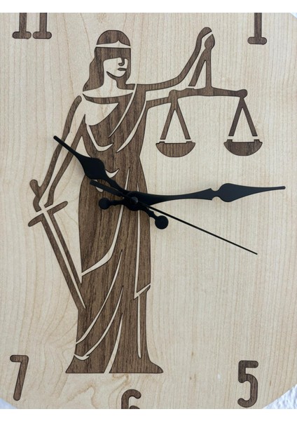 Justitia Adalet Terazisi - Açık Ahşap Duvar Avukat Saati (Kişiselleştirilebilir ) - 40 cm modelleri