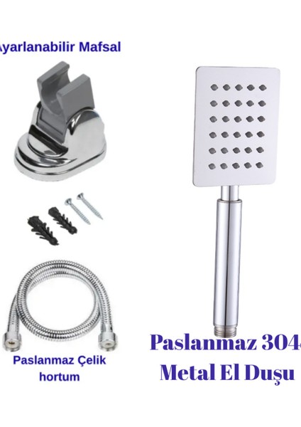 304 Paslanmaz Çelik El Duşu ve Hortumlu 3'lü Set Gri