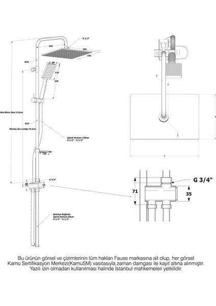 3 Fonksiyonlu Teleskopik Duş Seti, Gri, Kolonlu, El Başlıklı, Modern Tasarım indirimleri