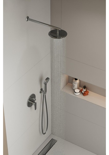 Şık Gri Duş Seti 20X20 cm ve 42,5 cm Duvardan Kolu, Paslanmaz Krom, 2 Parça fırsatları