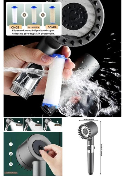 Filtreli Masajlı 3 Fonksiyonlu Duş Başlığı, Rahatlatıcı ve Şık Tasarım modelleri