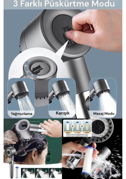 Filtreli Masajlı 3 Fonksiyonlu Duş Başlığı, Rahatlatıcı ve Şık Tasarım fırsatları