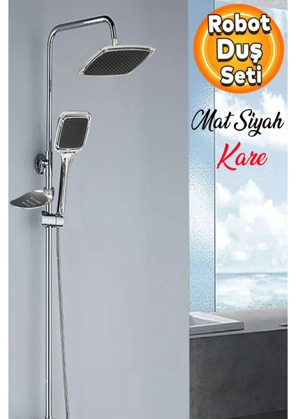Kare Duş Başlığı Seti, Yağmurlama Sistemi, Masaj, Siyah Krom Tasarım