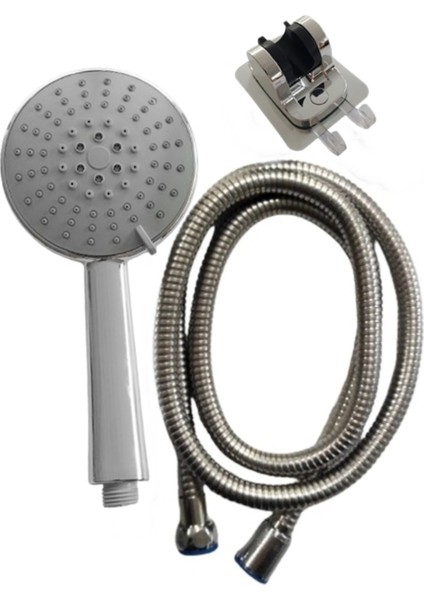 Krom Duş Seti, 5 Kademe Ayarlı Başlık, Yapışkanlı Mafsal, 1.5 mt Spiral Hortum