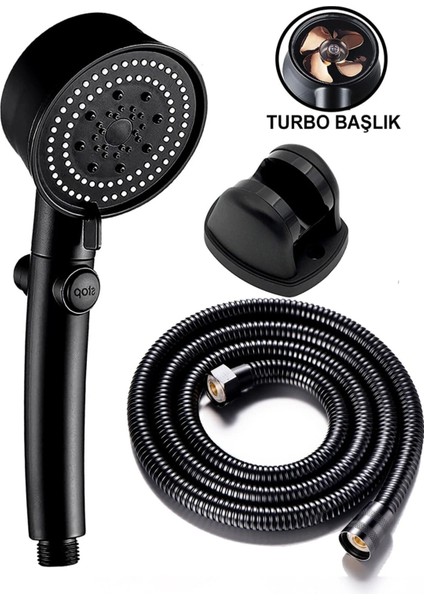 5 Fonksiyonlu Turbo Duş Başlığı ve Siyah Hortumlu Set