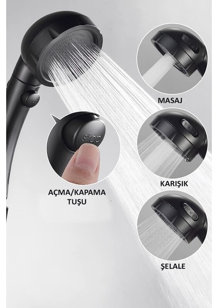 5 Fonksiyonlu Turbo Duş Başlığı ve Siyah Hortumlu Set